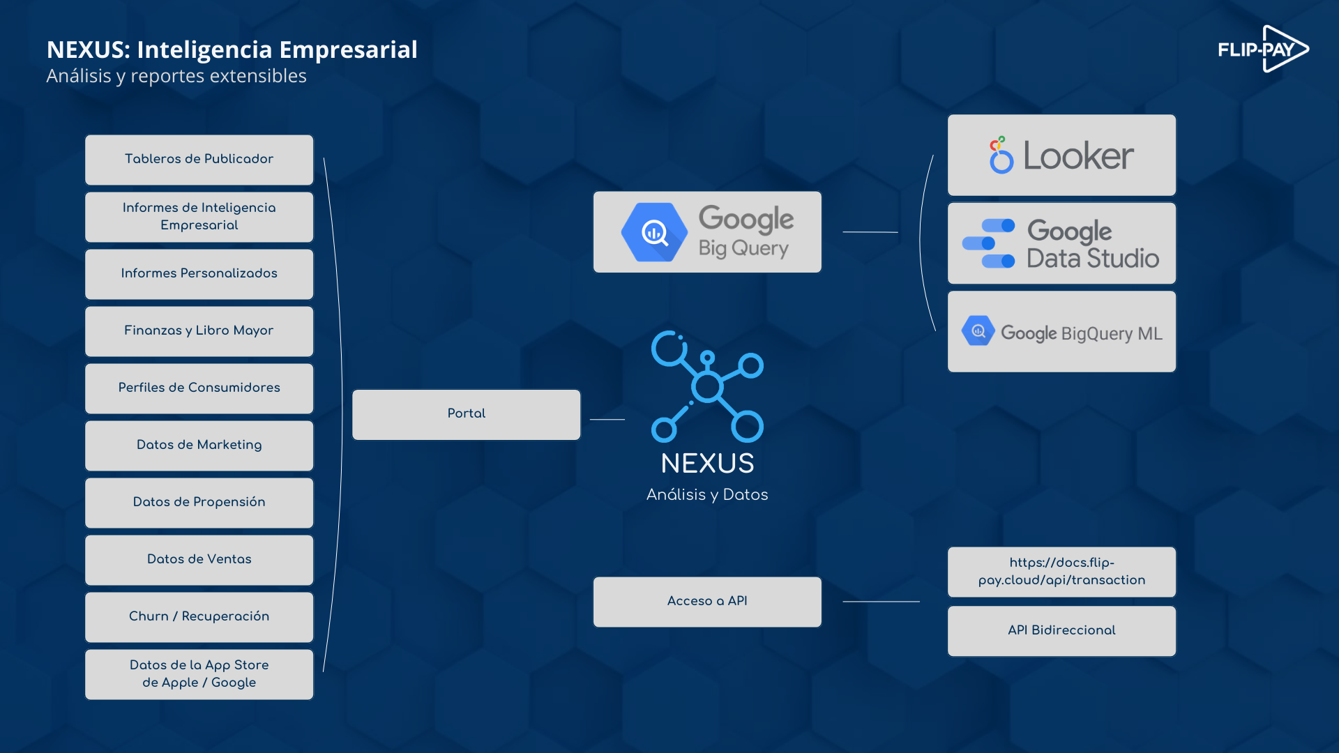 Infografía que muestra la plataforma de datos y análisis NEXUS de Flip-Pay, proporcionando perspectivas sobre el comportamiento de las suscripciones, las tendencias de ventas, el compromiso del consumidor y el rendimiento financiero