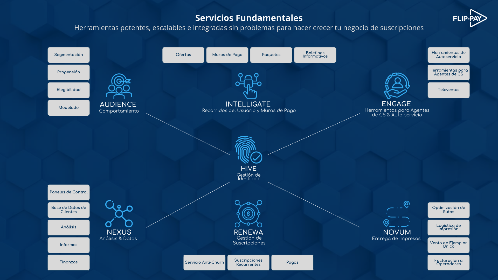 Overview of Flip-Pay core services, including subscription management and analytics